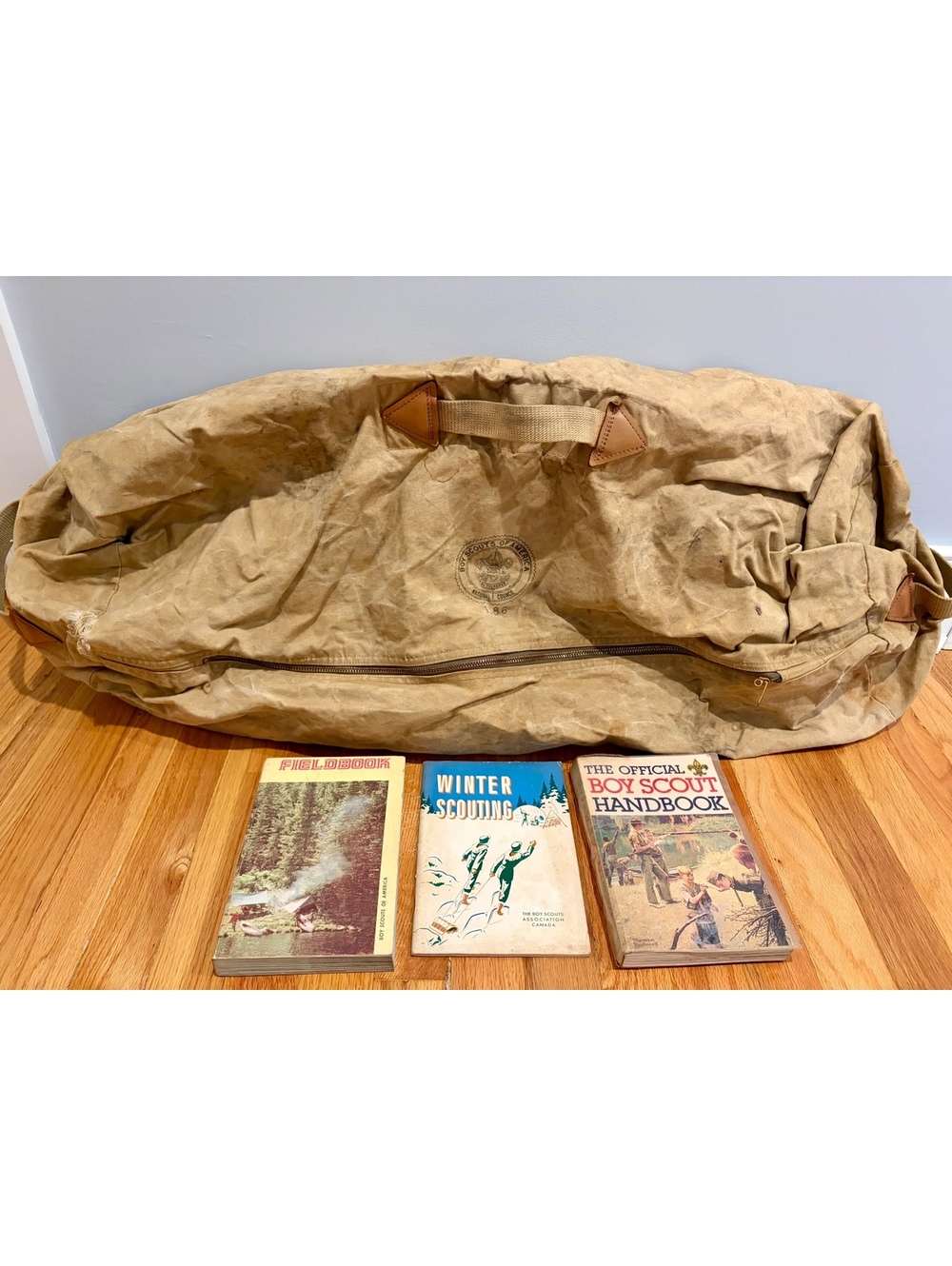 Vintage BSA Boy Scouts Canvas Duffel + 1980 Handbook & Scouting Books Lot